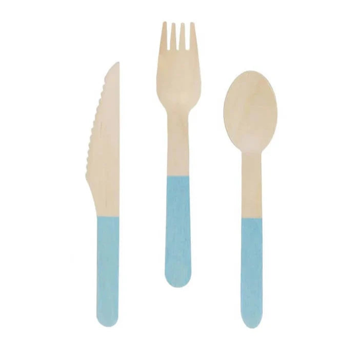 COUVERTS EN BOIS BLEU PASTEL - ENSEMBLE DE 24 PIÈCES PARFAIT POUR FÊTES ET ANNIVERSAIRES