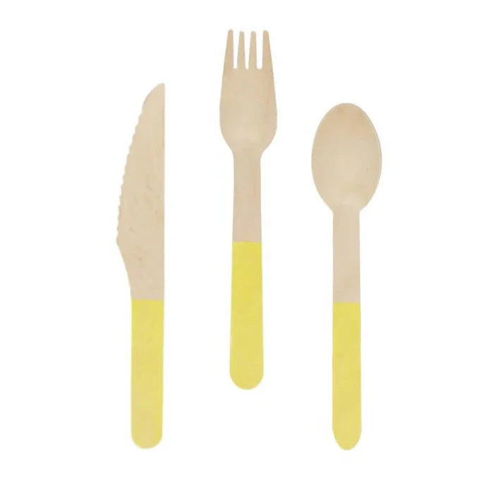 COUVERTS EN BOIS JAUNE PASTEL - ENSEMBLE DE 24 PIÈCES PARFAIT POUR FÊTES ET ANNIVERSAIRES