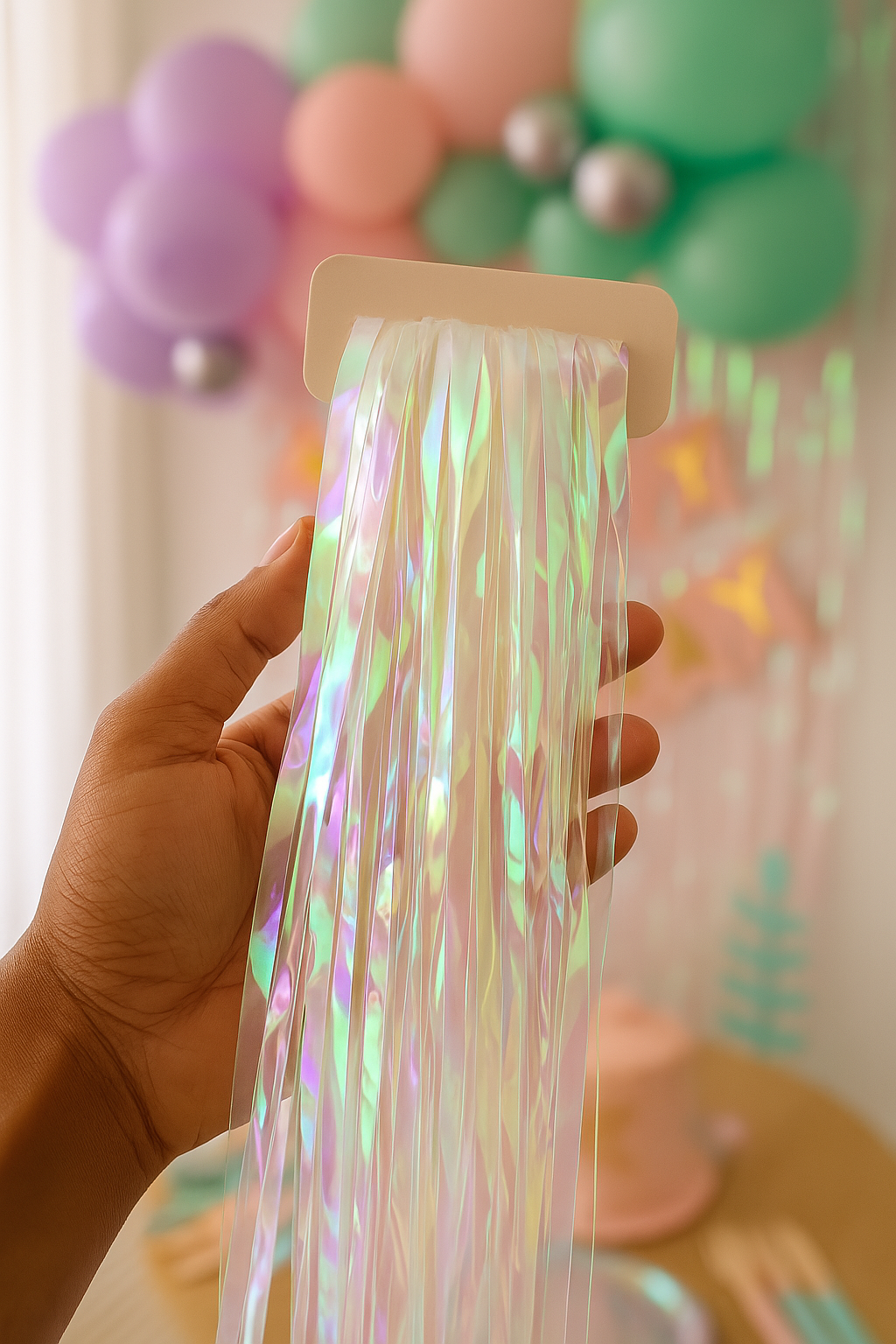 RIDEAU À FRANGES MÉTALLIQUE IRIDESCENT – 1 x 2 M