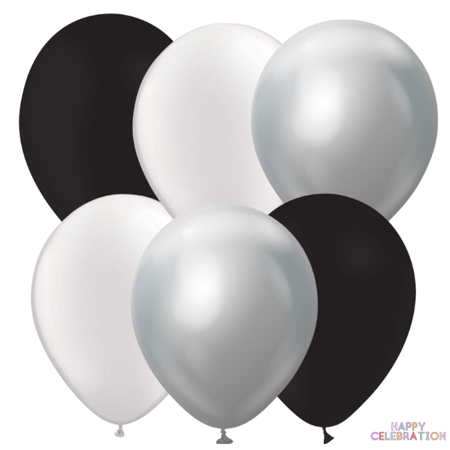 MIX DE BALLONS EN LATEX NOIR, SILVER, BLANC (LOT DE 12)
